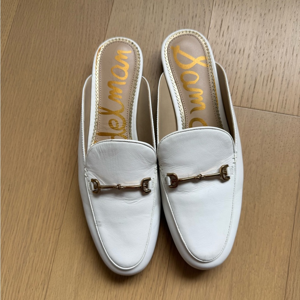 Sam Edelman White Leather Slip-On Mules with Gold Horsebit